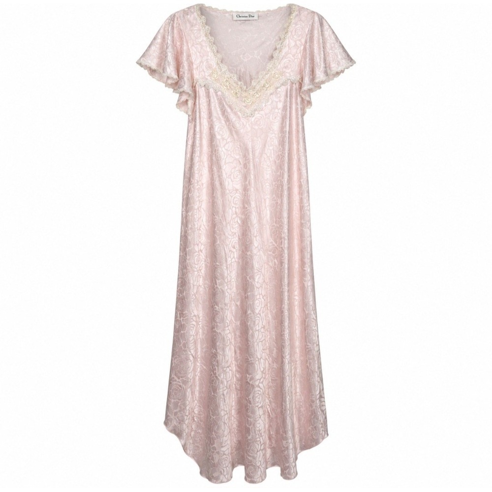 Vintage 1980s Blush Pink Christian Dior Rose Satin Lace Boudoir Nightgown Sz S